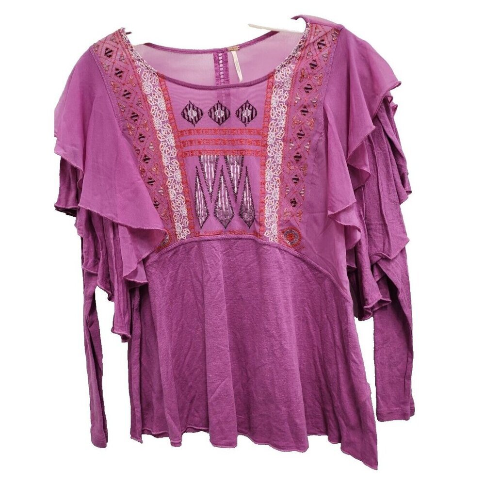 Free People Womens La Cienega Top Small Wisteria Purple Embroidered Sheer BOHO - Picture 2 of 12